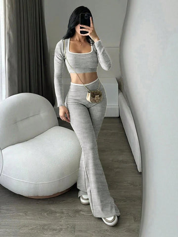 Low Waist Elastic Cropped Long Sleeve Top And Flared Leg Pants