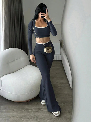 Low Waist Elastic Cropped Long Sleeve Top And Flared Leg Pants