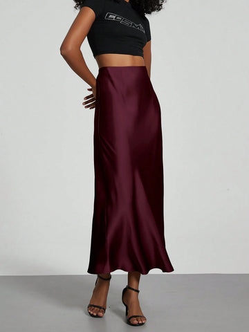 Women Silky Satin Feeling Maxi Skirt