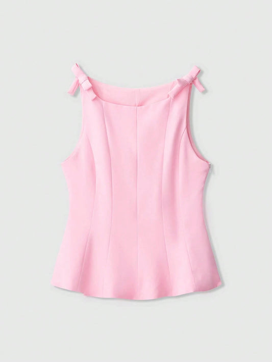 Women's Simple Solid Color Bow Decor Sleeveless Top