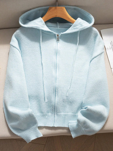 Women's Soft Light Blue Zip-Up Hoodie - Casual Fashion Long Sleeve Cardigan