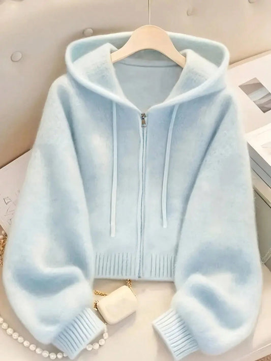 Women's Soft Light Blue Zip-Up Hoodie - Casual Fashion Long Sleeve Cardigan