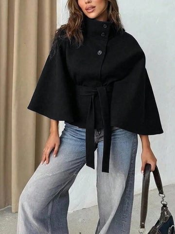 Women's Solid Color Front Button Tie Waist Woolen Cloak Overcoat