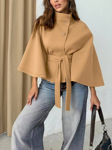 Women's Solid Color Front Button Tie Waist Woolen Cloak Overcoat