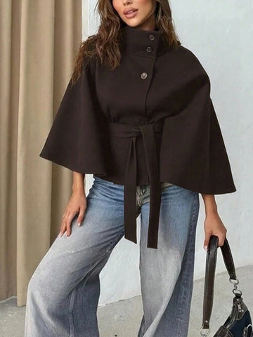 Women's Solid Color Front Button Tie Waist Woolen Cloak Overcoat