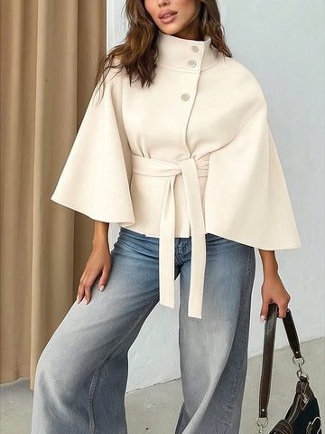 Women's Solid Color Front Button Tie Waist Woolen Cloak Overcoat