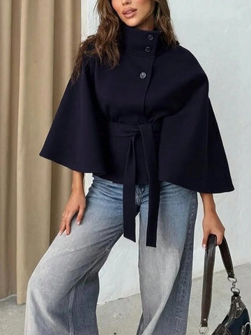 Women's Solid Color Front Button Tie Waist Woolen Cloak Overcoat