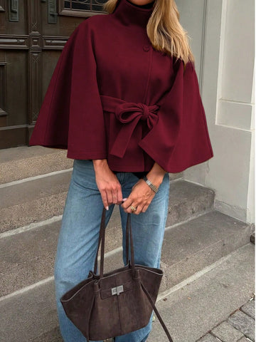 Women's Solid Color Front Button Tie Waist Woolen Cloak Overcoat