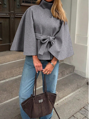 Women's Solid Color Front Button Tie Waist Woolen Cloak Overcoat