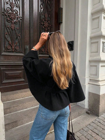 Women's Solid Color Front Button Tie Waist Woolen Cloak Overcoat