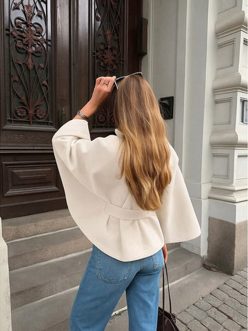 Women's Solid Color Front Button Tie Waist Woolen Cloak Overcoat