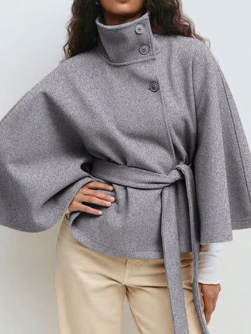 Women's Solid Color Front Button Tie Waist Woolen Cloak Overcoat