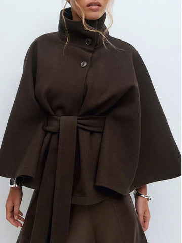 Women's Solid Color Front Button Tie Waist Woolen Cloak Overcoat