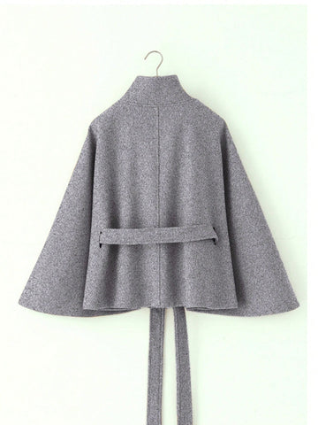 Women's Solid Color Front Button Tie Waist Woolen Cloak Overcoat