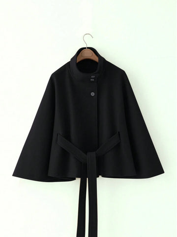 Women's Solid Color Front Button Tie Waist Woolen Cloak Overcoat