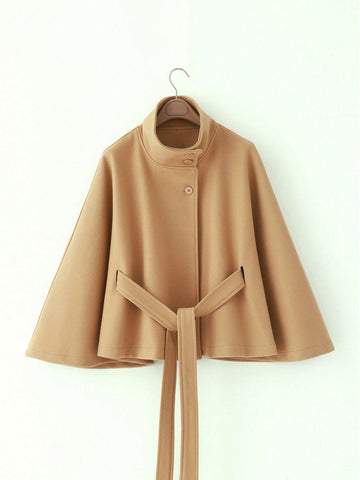 Women's Solid Color Front Button Tie Waist Woolen Cloak Overcoat