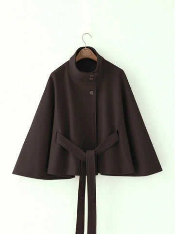Women's Solid Color Front Button Tie Waist Woolen Cloak Overcoat