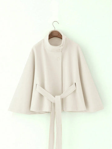 Women's Solid Color Front Button Tie Waist Woolen Cloak Overcoat
