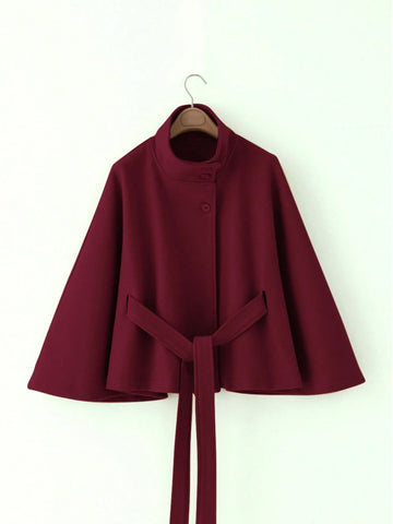 Women's Solid Color Front Button Tie Waist Woolen Cloak Overcoat