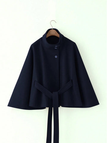 Women's Solid Color Front Button Tie Waist Woolen Cloak Overcoat