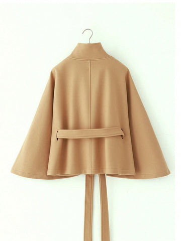 Women's Solid Color Front Button Tie Waist Woolen Cloak Overcoat