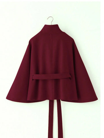 Women's Solid Color Front Button Tie Waist Woolen Cloak Overcoat