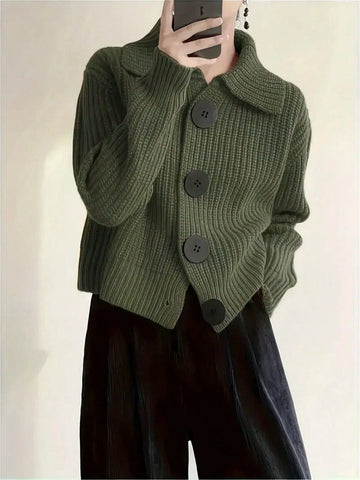 Knitted Cardigan Sweater With Collar And Buttons