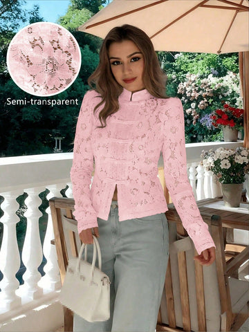 Semi-Sheer Lace Blouse With Stand Collar And Long Sleeves