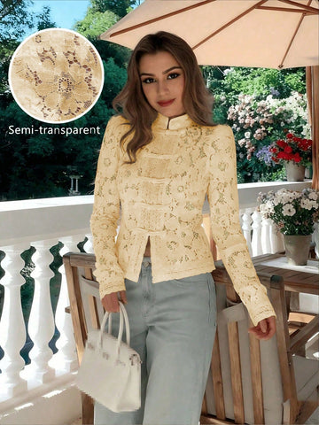 Semi-Sheer Lace Blouse With Stand Collar And Long Sleeves
