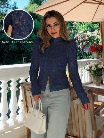 Semi-Sheer Lace Blouse With Stand Collar And Long Sleeves