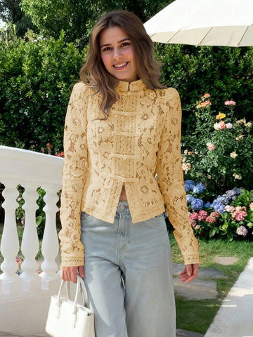 Semi-Sheer Lace Blouse With Stand Collar And Long Sleeves