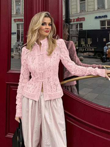 Semi-Sheer Lace Blouse With Stand Collar And Long Sleeves