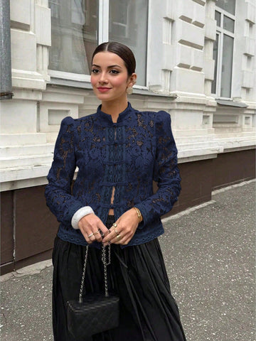 Semi-Sheer Lace Blouse With Stand Collar And Long Sleeves
