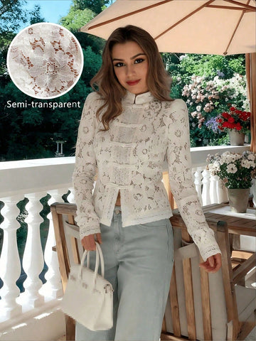 Semi-Sheer Lace Blouse With Stand Collar And Long Sleeves