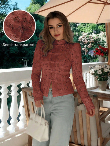 Semi-Sheer Lace Blouse With Stand Collar And Long Sleeves