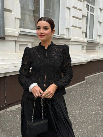 Semi-Sheer Lace Blouse With Stand Collar And Long Sleeves