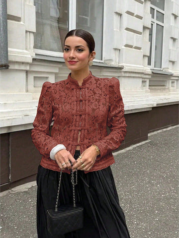 Semi-Sheer Lace Blouse With Stand Collar And Long Sleeves