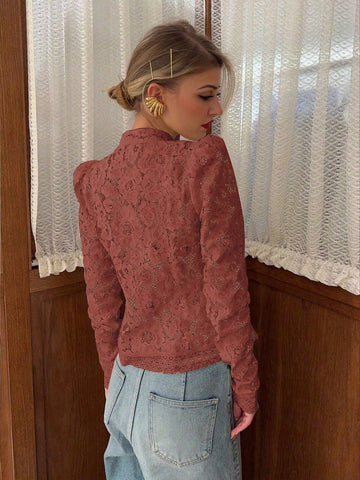 Semi-Sheer Lace Blouse With Stand Collar And Long Sleeves