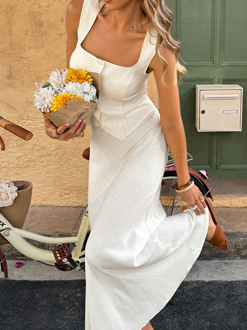 Women Square Neck Cinched Waist Single-Breasted Blouse And Mini A-Line Skirt Set