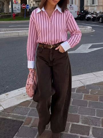 Women's Striped Woven Fabric Splice Collar Contrast Color Loose Shirt