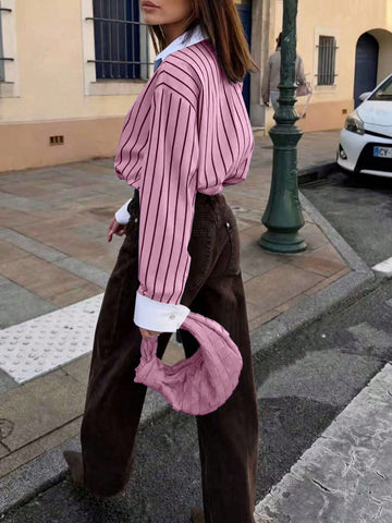 Women's Striped Woven Fabric Splice Collar Contrast Color Loose Shirt