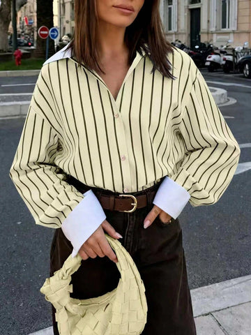Women's Striped Woven Fabric Splice Collar Contrast Color Loose Shirt