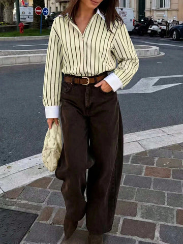 Women's Striped Woven Fabric Splice Collar Contrast Color Loose Shirt