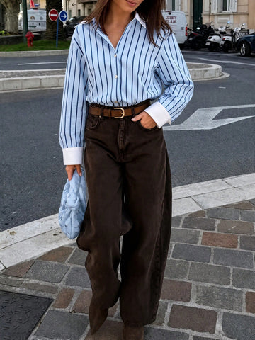 Women's Striped Woven Fabric Splice Collar Contrast Color Loose Shirt