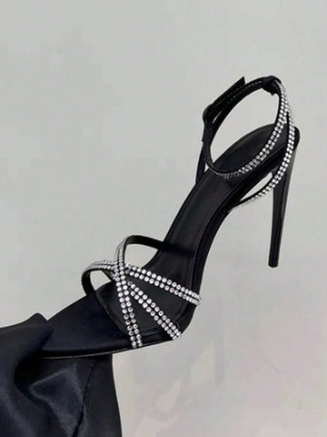 Rhinestone Decorated Satin Peep Toe Sexy Criss-Cross Strap High Heel Sandals