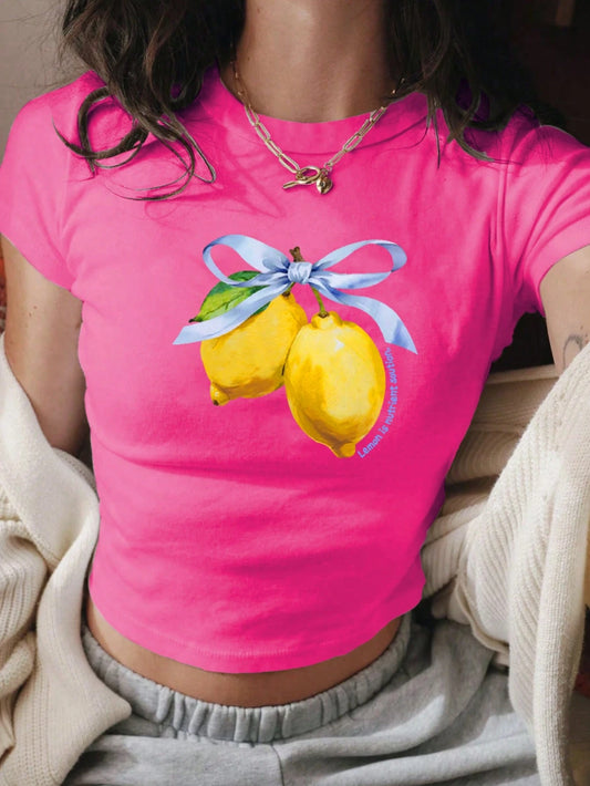 Women's Summer Letter Fruit Printed Cropped Round Neck Short Sleeve Silm Fit Casual T-Shirt