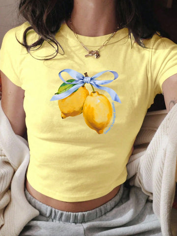 Women's Summer Letter Fruit Printed Cropped Round Neck Short Sleeve Silm Fit Casual T-Shirt