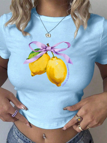 Women's Summer Letter Fruit Printed Cropped Round Neck Short Sleeve Silm Fit Casual T-Shirt