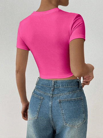 Women's Summer Letter Fruit Printed Cropped Round Neck Short Sleeve Silm Fit Casual T-Shirt
