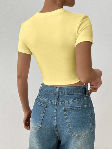 Women's Summer Letter Fruit Printed Cropped Round Neck Short Sleeve Silm Fit Casual T-Shirt